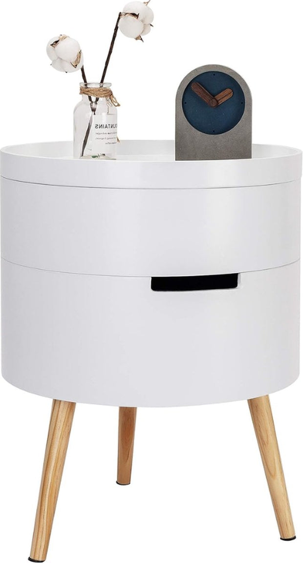 Rond Houten Nachtkastje - met Opbergruimte - Bijzettafel - MDF - Hout - 38x38x49 cm - Wit