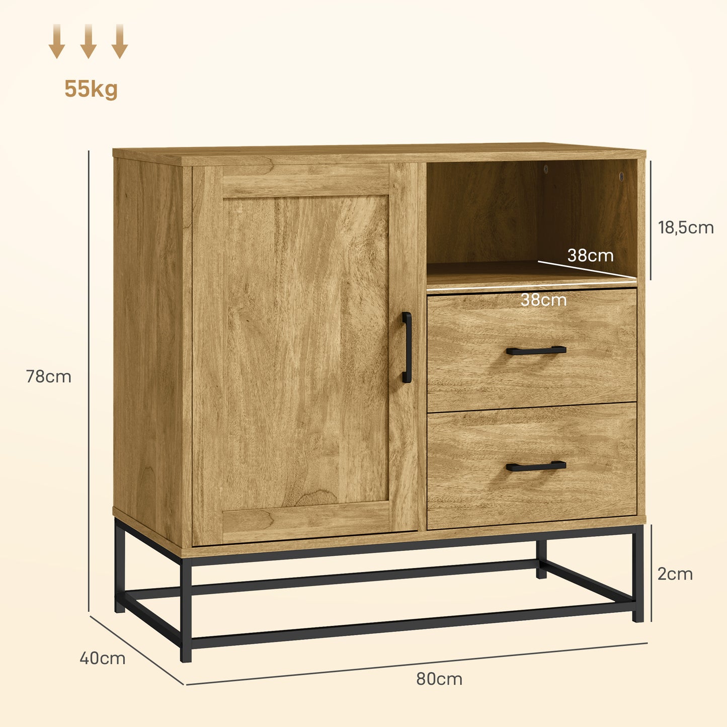 Buffetkast – Dressoir – Opbergkast – Keukenkast – Eetkamerkast – Natuurlijk Hout – 80 x 40 x 78 cm – Verstelbare Plank en 2 Lades