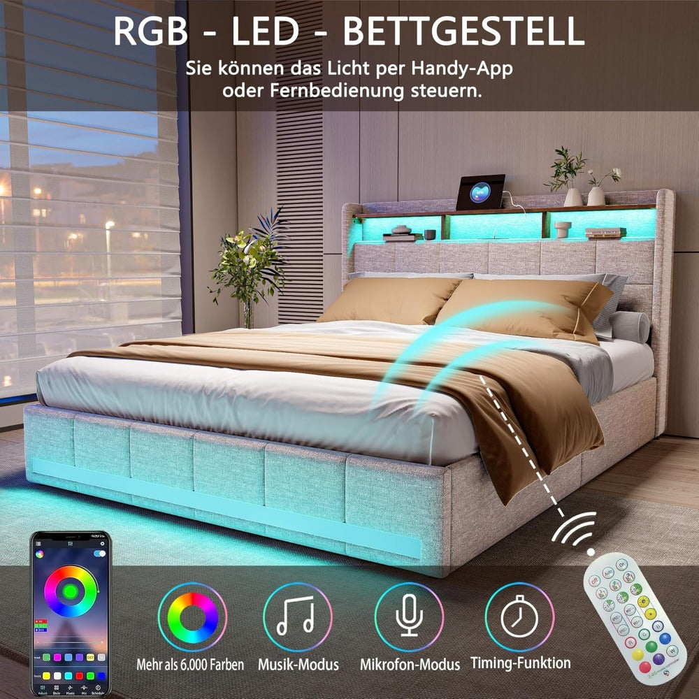Gestoffeerd Tweepersoonsbed – Bed Met Opbergruimte – Led Bed – Bed Met Laden – Linnen Bed – 160x200 cm – Usb & Type-C Oplaadpoort – Rgb Led Verlichting
