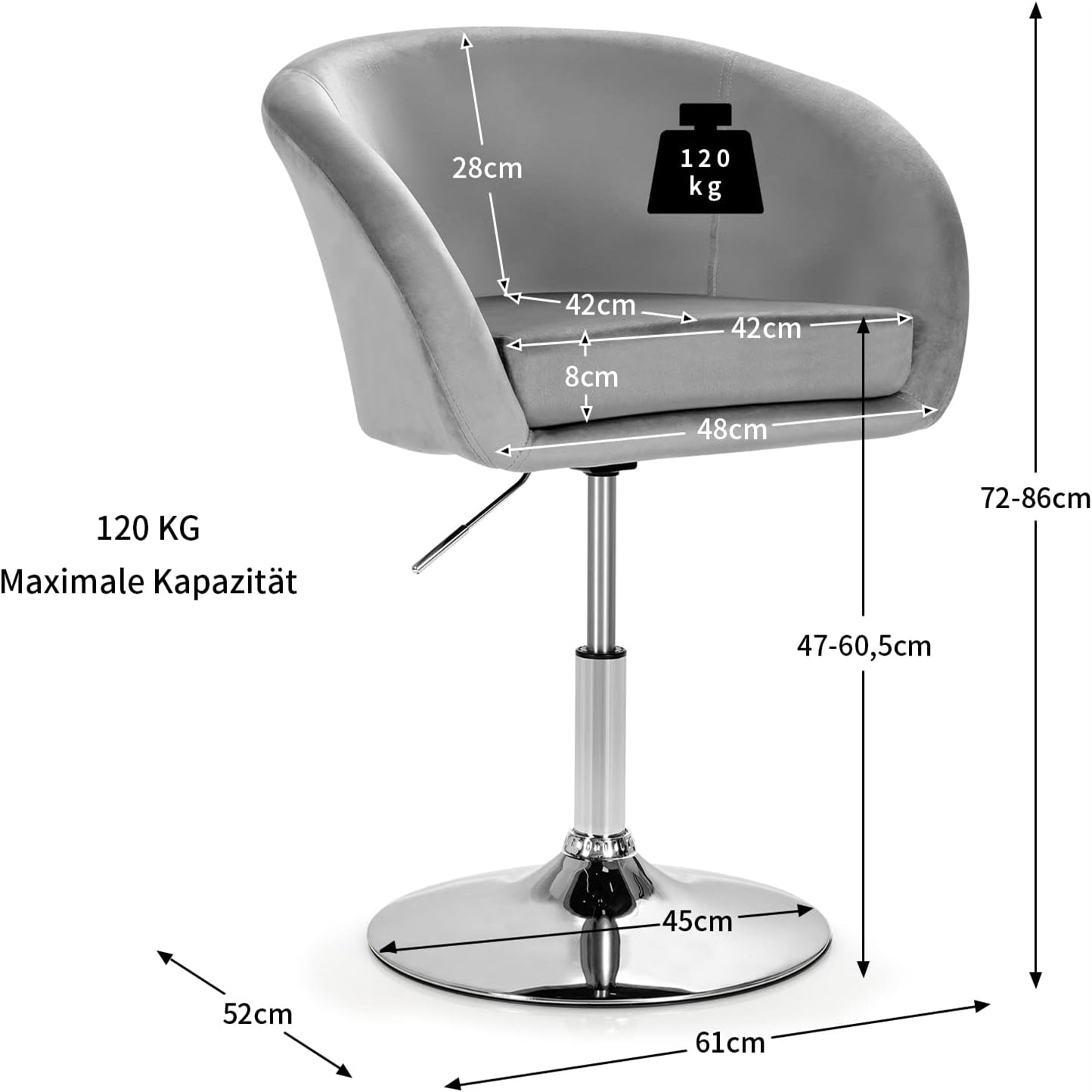 Draaifauteuil – Fauteuil – Stoel – Eetkamerstoel – Draaistoel – Verstelbare Zithoogte – Zachte Velvet Bekleding – 360° Draaibaar – Max. 120 kg Belastbaar