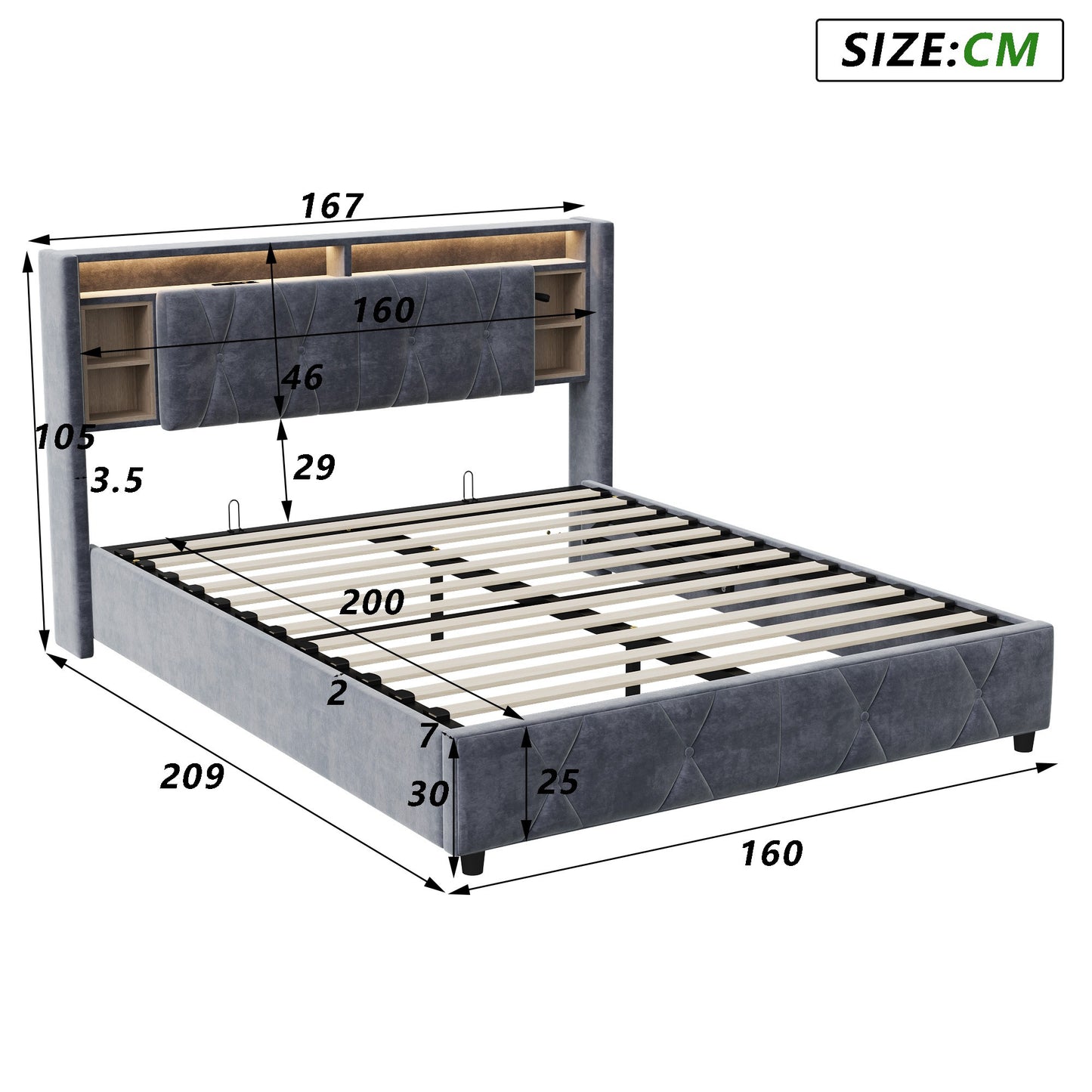 Bed – Bedframe – Slaapbed – Opbergbed – Bed Met Opbergruimte – 160x200 Cm – Fluwelen Hoofdbord – Hydraulisch Hefsysteem