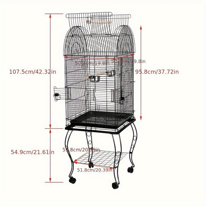 Vogelkooi – Parkietenkooi – Kanariekooi – Papegaaienkooi – Volière – Gepoedercoat Metaal – Open Bovenkant Met Rolstandaard 59x59x150 cm Zwart
