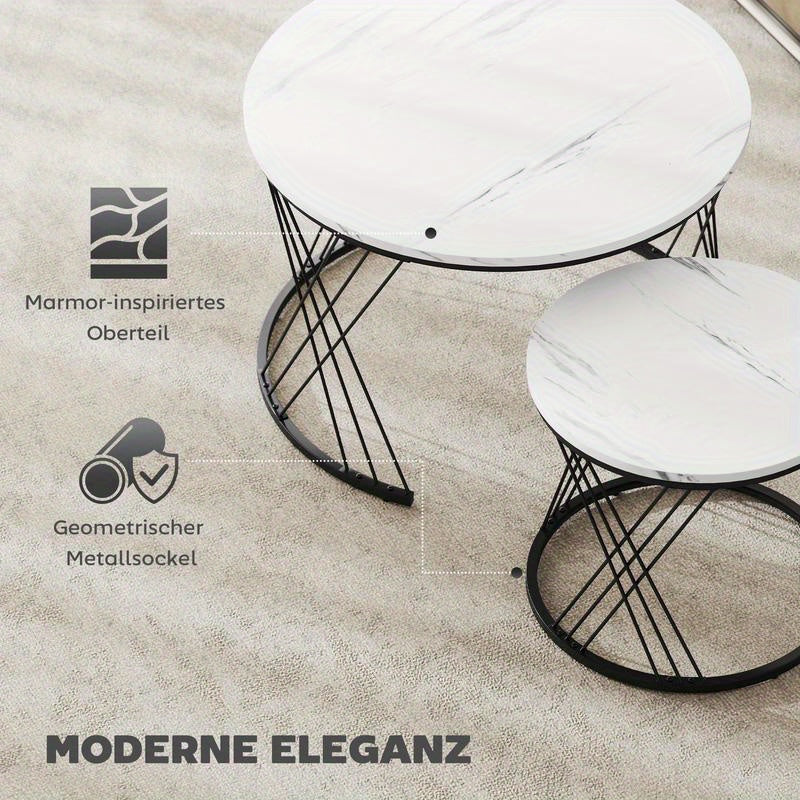 Set van 2 Ronde Salontafels – Bijzettafels – Tafeltjes – Nestbare Tafels – Witte Marmerlook Tafels – Nestbaar Ontwerp – Stevig Metalen Onderstel