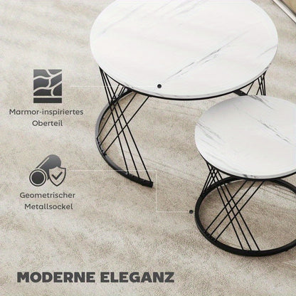 Set van 2 Ronde Salontafels – Bijzettafels – Tafeltjes – Nestbare Tafels – Witte Marmerlook Tafels – Nestbaar Ontwerp – Stevig Metalen Onderstel