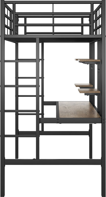 Kinderbed - Zonder Matras - Zonder Stoel - Metalen Bedframe met Bureau en Twee Boekenplanken - Geschikt voor Kinderen - Tieners en Volwassenen - 90x200 cm - Zwart