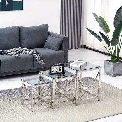 JYMTOM Set of 3 Coffee Tables, Side Tables Made of Stainless Steel Frame and Tempered Glass for Living Room, Modern Design, Sofa Table, Coffee Tables for Living Room, Sofa Side Table, Home Accent Tables, Glass Coffee Table, M