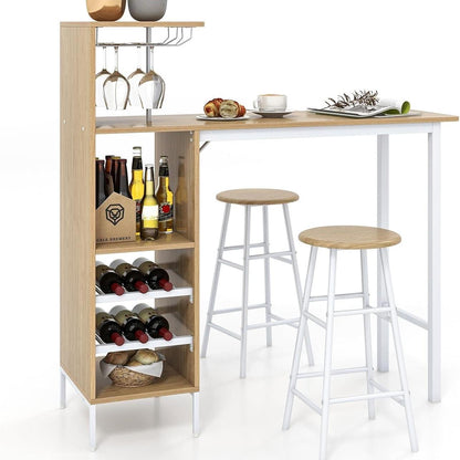 Bartafelset – Barkrukken – Barset – Keukentafel – Bistroset – Met Wijnrek en Glazenhouder – Compact Natuurlijke Kleur – MDF Tafelblad Met Metalen Frame