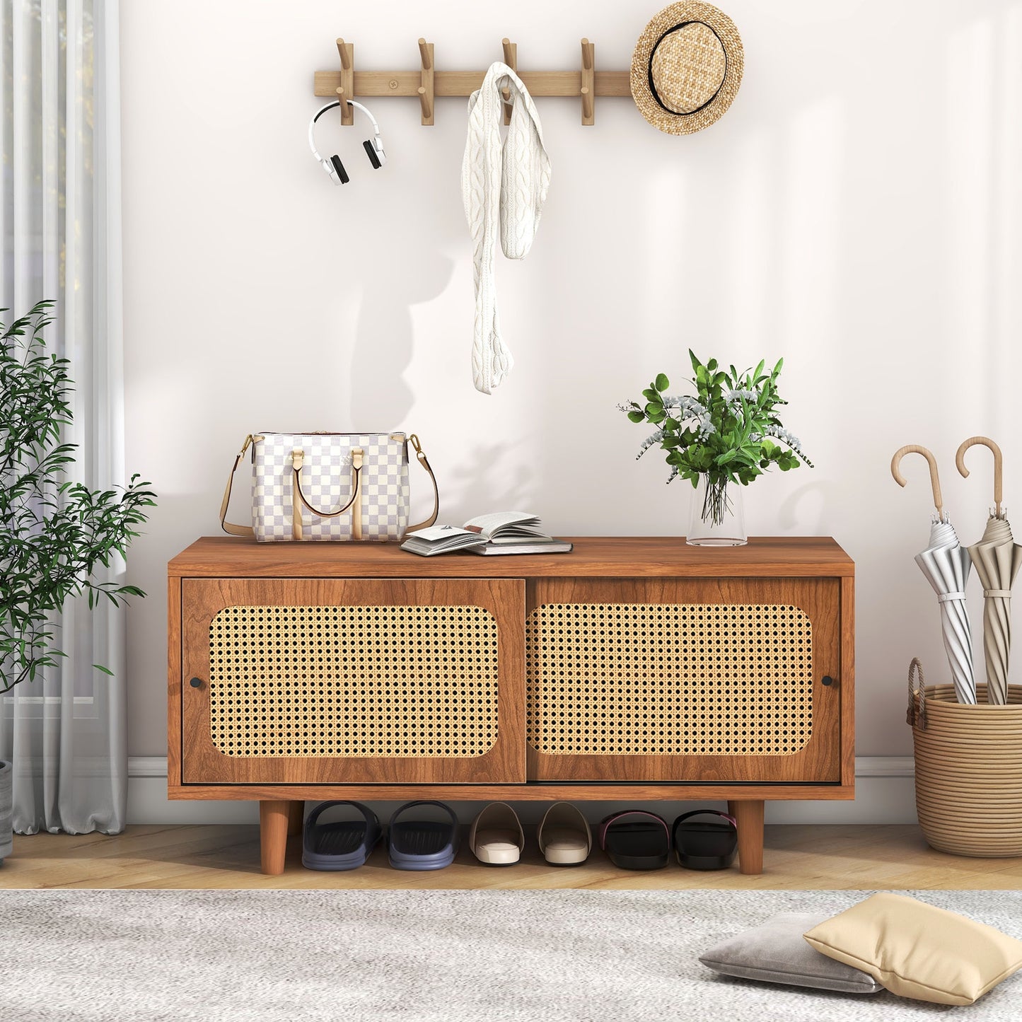 Rattan Shoe Cabinet with 2 Doors, Adjustable Shelf, Walnut Finish, Stylish Shoe Storage for Hallway, Living Room, and Bedroom, 104*40*48 cm