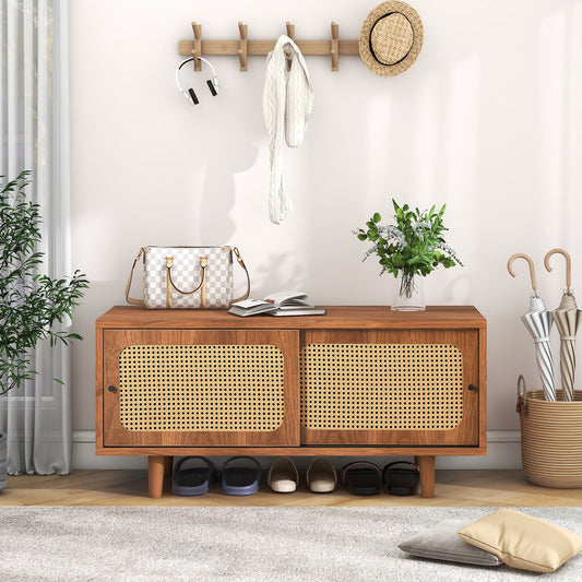 Rattan Shoe Cabinet with 2 Doors, Adjustable Shelf, Walnut Finish, Stylish Shoe Storage for Hallway, Living Room, and Bedroom, 104*40*48 cm