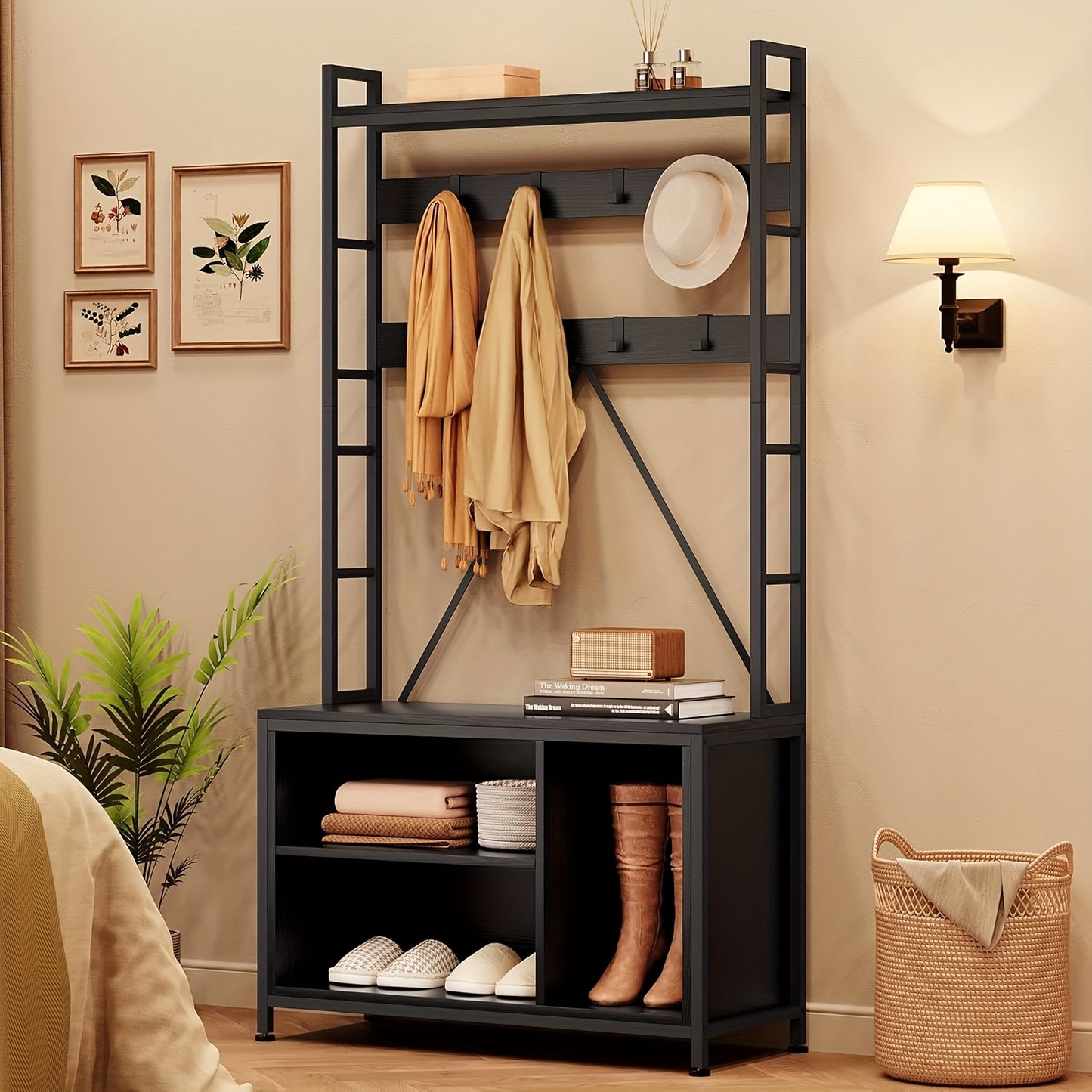 Halmeubel – Kapstok – Schoenenrek – Zitbank – Opbergmeubel – Industrieel Design – Robuuste MDF & Metaal – 62 kg Belastbaar – 5-in-1 Multifunctioneel Organizer – Zwart Houtkleur