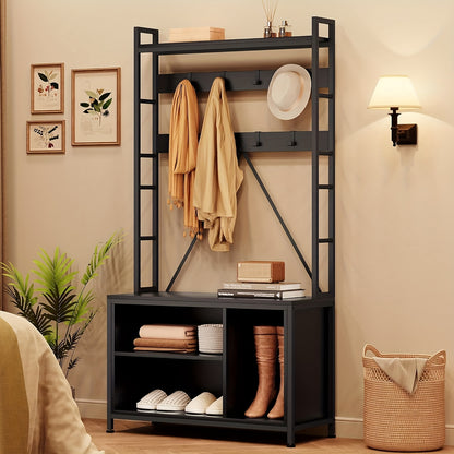 Halmeubel – Kapstok – Schoenenrek – Zitbank – Opbergmeubel – Industrieel Design – Robuuste MDF & Metaal – 62 kg Belastbaar – 5-in-1 Multifunctioneel Organizer – Zwart Houtkleur