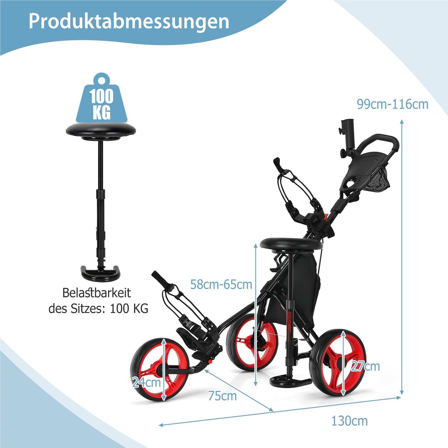 Golf Trolley – Golfkar – Golfkarretje – Golfwagen – Golf Caddy – Inklapbaar – Verstelbare Handgreep & Zitje – Stalen Frame – EVA Wielen – Rood