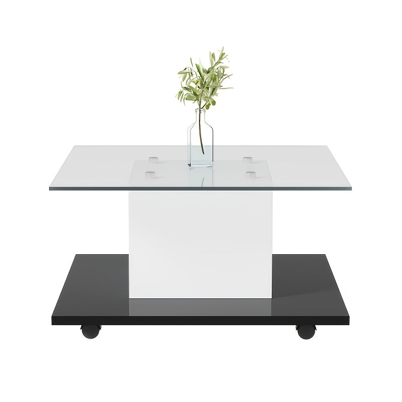 Salontafel – Koffietafel – Woonkamertafel – Bijzettafel – Salontafel met wieltjes – Hoogglans glas – Zwart metalen frame – Mobiel en compact design