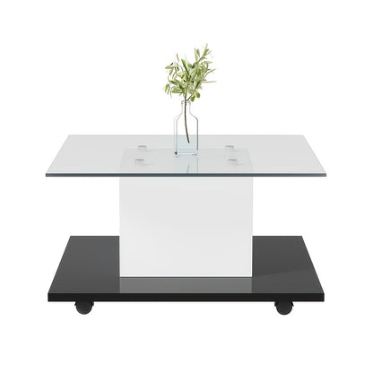 Salontafel – Koffietafel – Woonkamertafel – Bijzettafel – Salontafel met wieltjes – Hoogglans glas – Zwart metalen frame – Mobiel en compact design