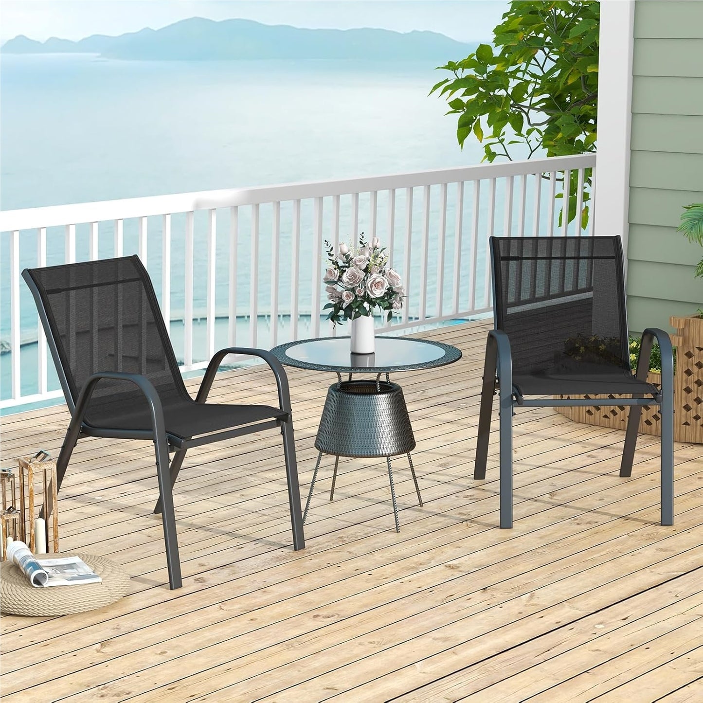 Tuinstoelen – Tuinstoelen – Balkonstoelen – Terrasstoelen – Stapelbare Stoelen – Metalen Frame – Ergonomisch Met Armleuningen – Draagvermogen 150 kg – Zwarte Textiel Bekleding