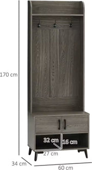 Kapstok - Garderobe rek - Kledingrek - 3 haken - Schoenen opslag - Plank - 2 deurtjes - Hout - Grijs - 60x34x170cm