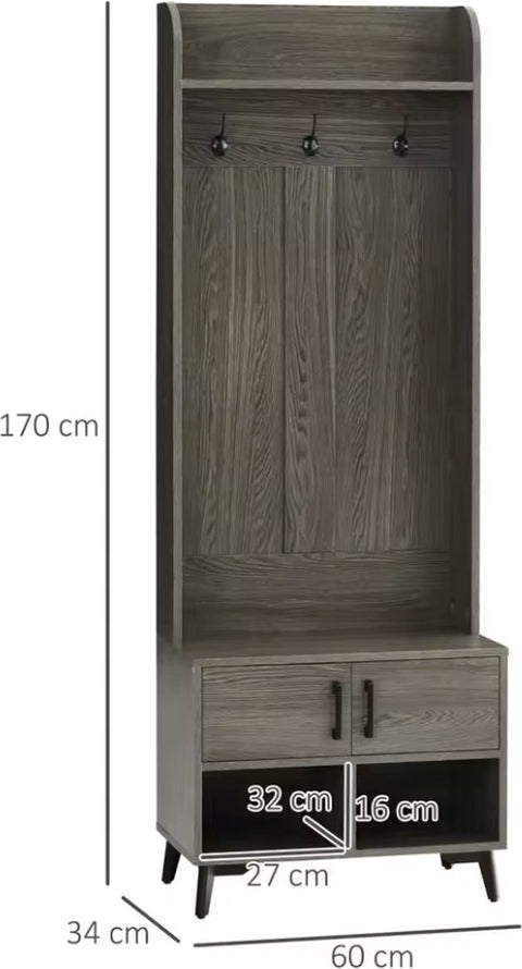 Kapstok - Garderobe rek - Kledingrek - 3 haken - Schoenen opslag - Plank - 2 deurtjes - Hout - Grijs - 60x34x170cm