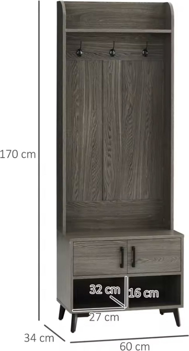 Kapstok - Garderobe rek - Kledingrek - 3 haken - Schoenen opslag - Plank - 2 deurtjes - Hout - Grijs - 60x34x170cm