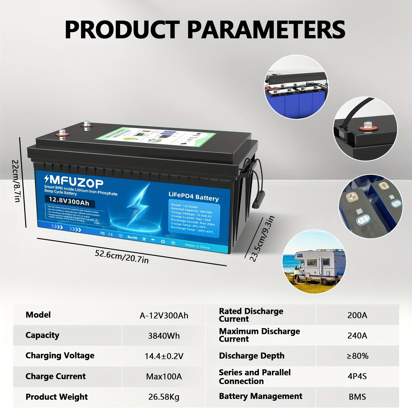 12,8V 300Ah LiFePO4 Accu – Lithium Accu – Camper Accu – Boot Accu – Thuisbatterij – 200A BMS Bescherming – 15.000 Laadcycli