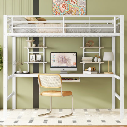 Hoogslaper – Stapelbed – Ligbed – Bed met Bureau – Bed met Planken – Stevig Metaalframe – Ruimtebesparend Ontwerp – 140x200 cm – Wit
