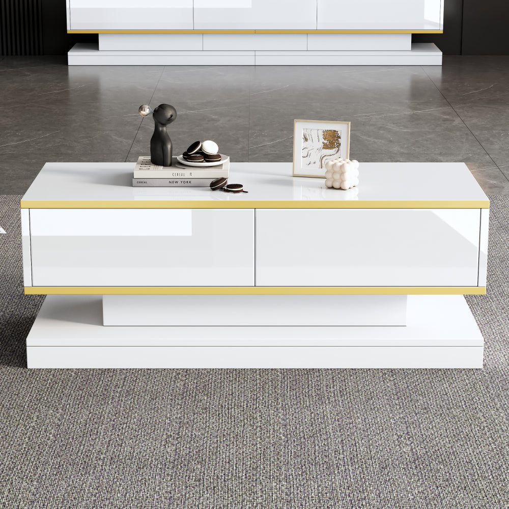 Salontafel – Woonkamertafel – Koffietafel – Bijzettafel – Coffee Table – Warm Wit Met Gouden Accenten – 2 Ruime Lades – 100 Cm Breed Met Stabiel Metalen Frame