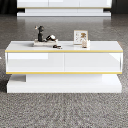 Salontafel – Woonkamertafel – Koffietafel – Bijzettafel – Coffee Table – Warm Wit Met Gouden Accenten – 2 Ruime Lades – 100 Cm Breed Met Stabiel Metalen Frame