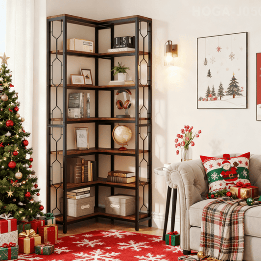 7-Lagen Industrieel Hoekrek – Houten Boekenkast – Vrijstaand Display – Kleine Boekenplank – Boeken Organizer – Metaal & MDF – Stevig Staal Frame – Ruime Opberglagen