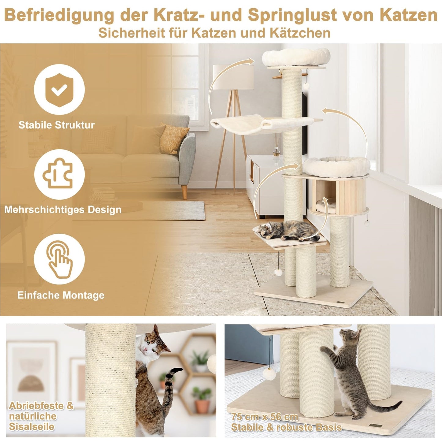 Krabpaal – Krabboom – Klimmeubel – Kattenmeubel – Krabton – 5-Lagen Hout – Inclusief Hangmat & Kattenhol – 174 cm Hoog – Sisal Krabpalen – Beige