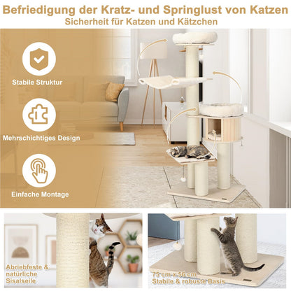 Krabpaal – Krabboom – Klimmeubel – Kattenmeubel – Krabton – 5-Lagen Hout – Inclusief Hangmat & Kattenhol – 174 cm Hoog – Sisal Krabpalen – Beige