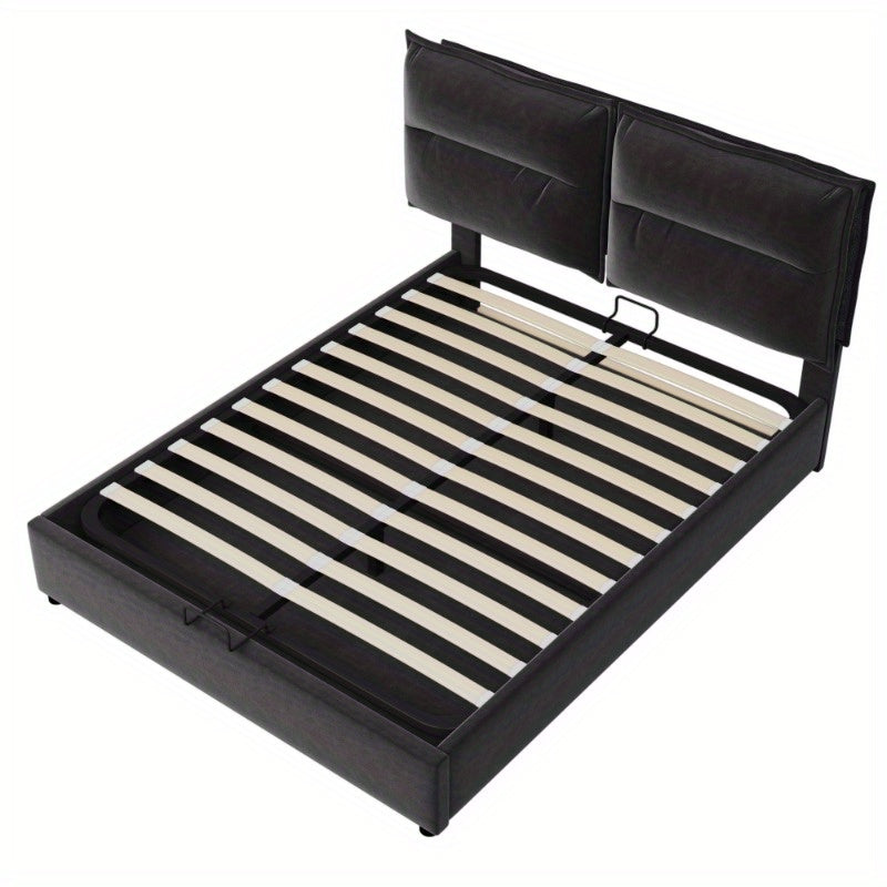 Hydraulisch Bed – Opbergbed – Platformbed – Stalen Bedframe – Verstelbaar Hoofdbord – Fluwelen Bekleding – Zwart Metalen Frame – Vooraf Gemonteerd – Groot Onderbed