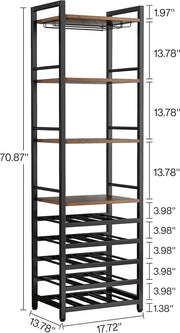 Wijnrek - 9-laags - Industrieel - Wijnrek Metaal - Staand Flessenrek voor 20 Flessen - Bruin en Zwart - 45 x 35 x 180 cm