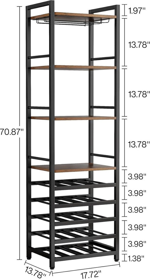 Wijnrek - 9-laags - Industrieel - Wijnrek Metaal - Staand Flessenrek voor 20 Flessen - Bruin en Zwart - 45 x 35 x 180 cm