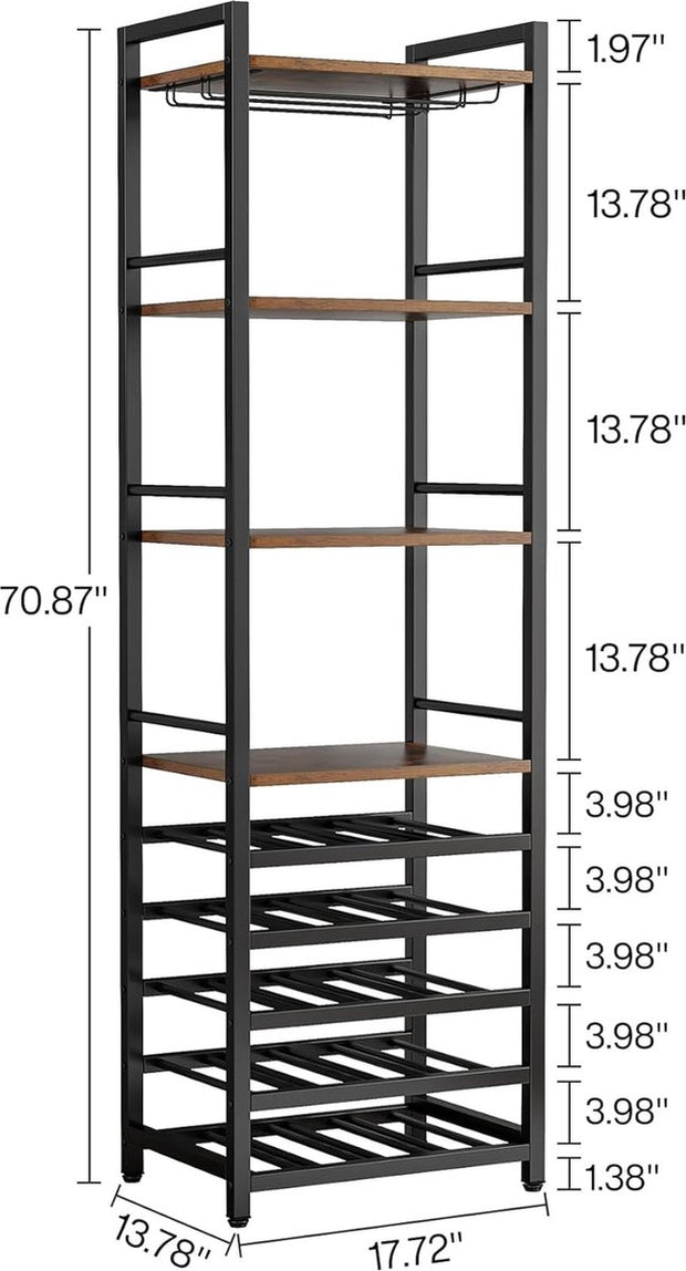 Wijnrek - 9-laags - Industrieel - Wijnrek Metaal - Staand Flessenrek voor 20 Flessen - Bruin en Zwart - 45 x 35 x 180 cm