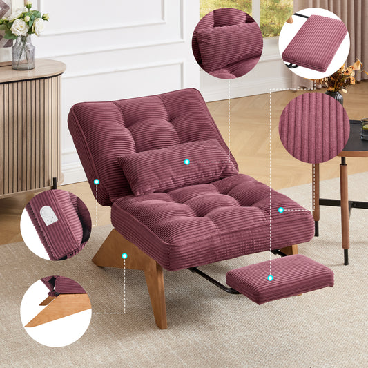 Loungestoel – Fauteuil – Relaxstoel – Zitstoel – Lounger – Verstelbare Rugleuning – Inclusief Voetenbank – Lendensteun – Houten Poten – Zacht Ademend Stof – Comfortabel Design – Kersenrood