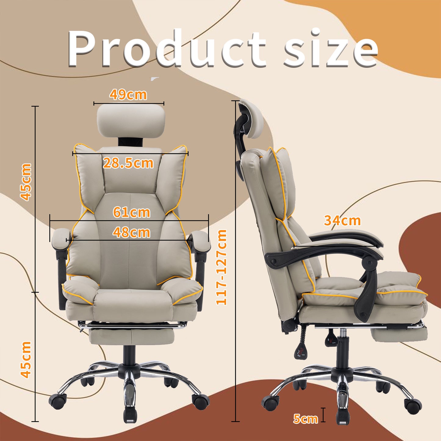 Gamingstoel – Gamestoel – Gaming Chair – Game Stoel – Bureaustoel – Ergonomisch Verstelbaar – PU Leder Met 5-Wielbasis – Zacht Schuim – Kaki Met Witte Biezen