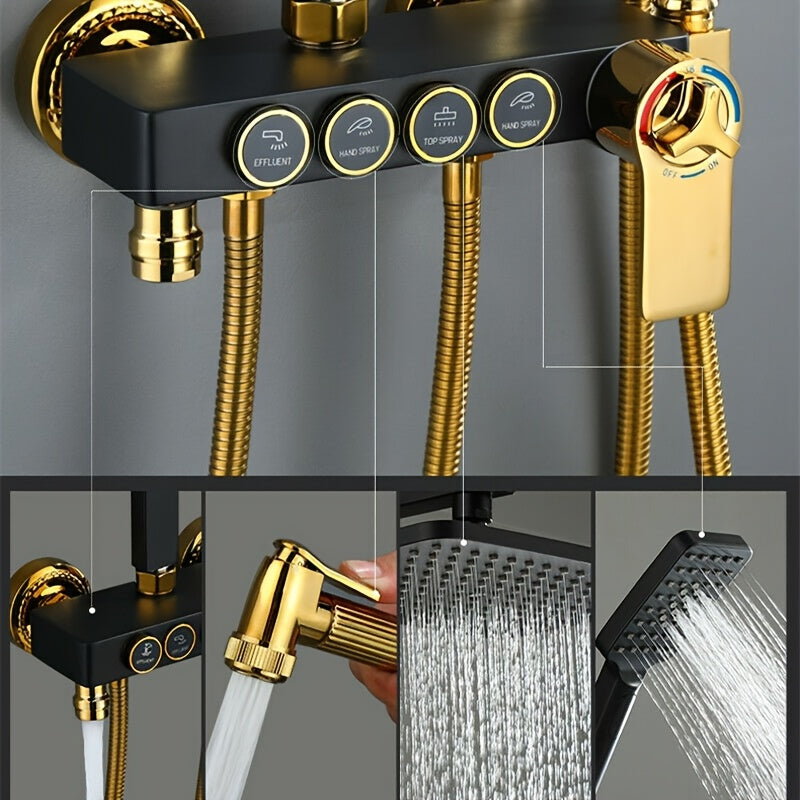 Regendouche – Douchesysteem – Douche Set – Douchekraan – Thermostaatkraan – Roestvrij Staal – Mat Zwart Gouden Afwerking