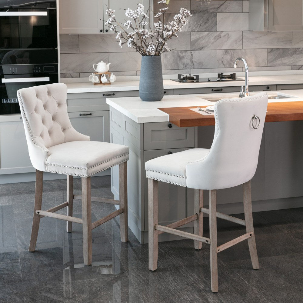 Barstoel – Barkruk – Barstoel Kussen – Barkrukken Set – Barstoel Counterhoogte – Velvet Bekleding – Foamgevulde Zitting – Wingback Design – Stevige Rubberhouten Poten – Franse Stijl – Set Van 2 – Beige