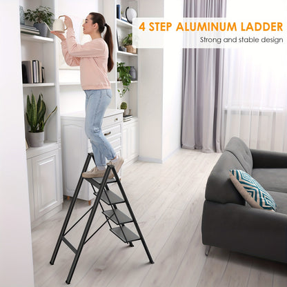 4-Traps Ladder – Inklapbare Ladder – Opstapje – Steiger – Trapstoel – Aluminium – Zwart – Antislip Treden – Max. Draagkracht 150 kg