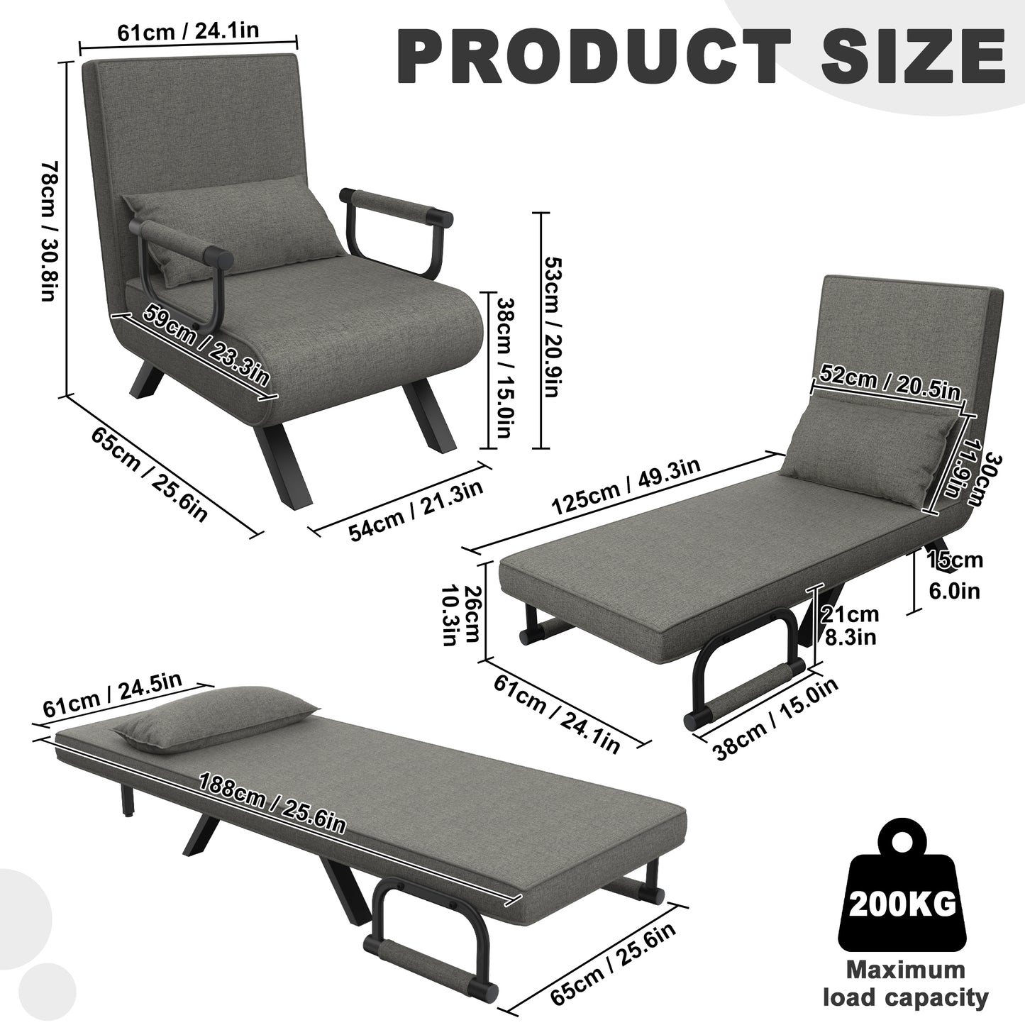 3-in-1 Convertible Sofa Bed with Adjustable Backrest - Space-Saving Sleeper Sofa, Heavy-Duty 200kg/440lbs Capacity, Modern Convertible Couch for Small Apartments, Living Room, Guest Room - Dark Grey/Gray Fabric Upholstery, No
