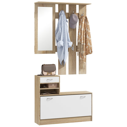 Halmeubel – Kapstok – Schoenenkast – Halbank – Garderoberek – 3-in-1 Multifunctioneel – Melamine Spaanplaat – 6 Haken & Spiegel – Natuurlijk Houtwit