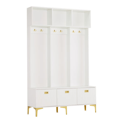 Witte Houten Kapstok – Wandkapstok – Garderoberek – Kapstok met Zitbank – Schoenkast – 4 Haken – Cushioned Opbergstoel – H180xB100xD35 cm