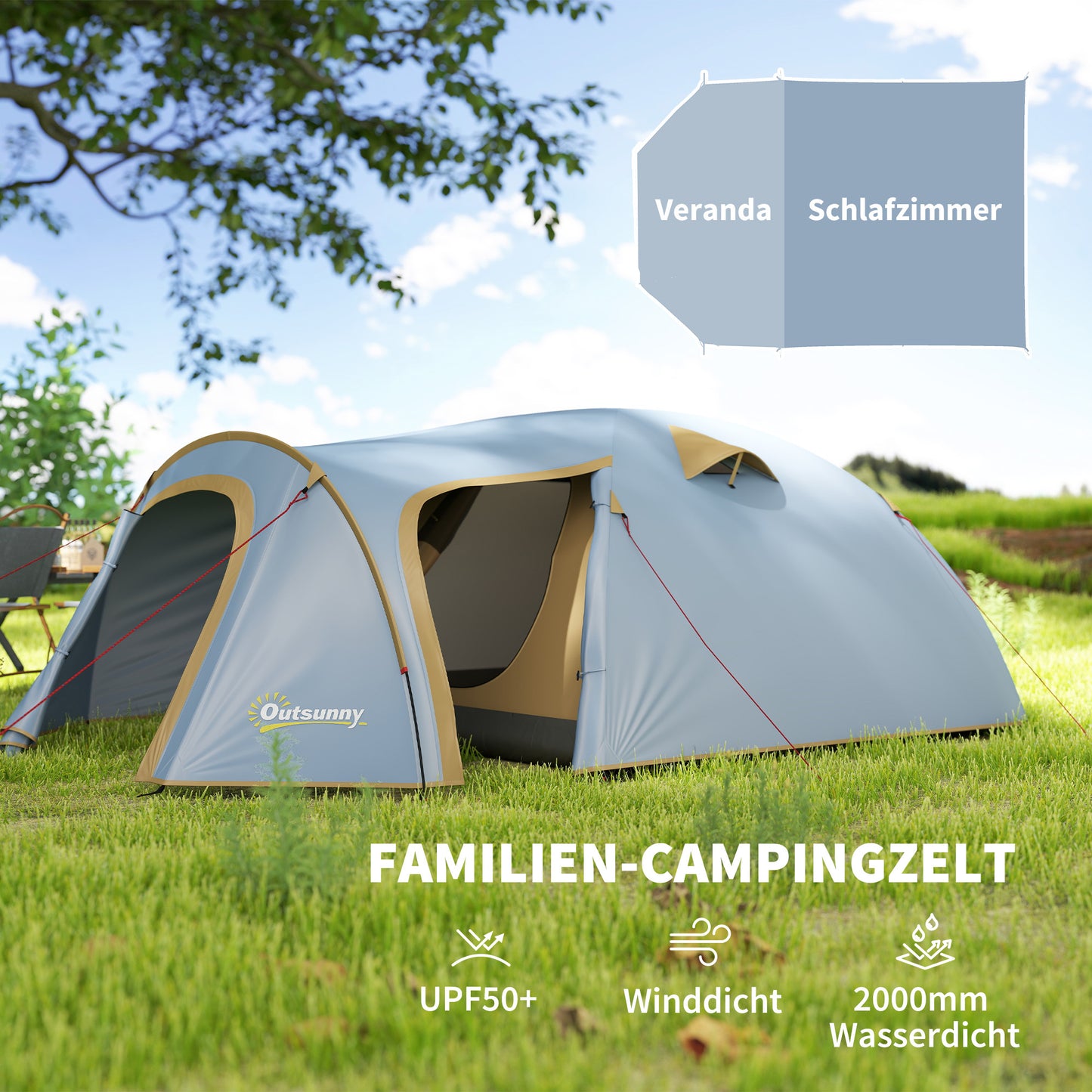 4-Persoons Tent – Kampeertent – Tunnel Tent – Buitentent – Waterdichte Tent – Lichtblauw – Ruim 3.45x2.4x1.3 m – Waterafstotend met Dubbele Deuren