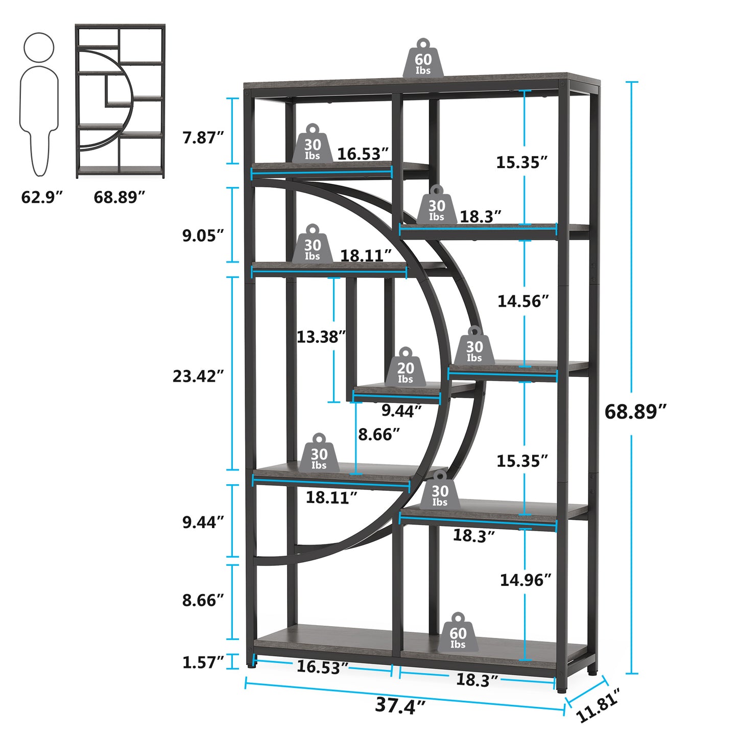 Boekenkast – Open Rek – Wandkast – Roomdivider – Opbergmeubel – Industrieel Design – 9 Vakken – Robuust Metaal & Hout Bruin
