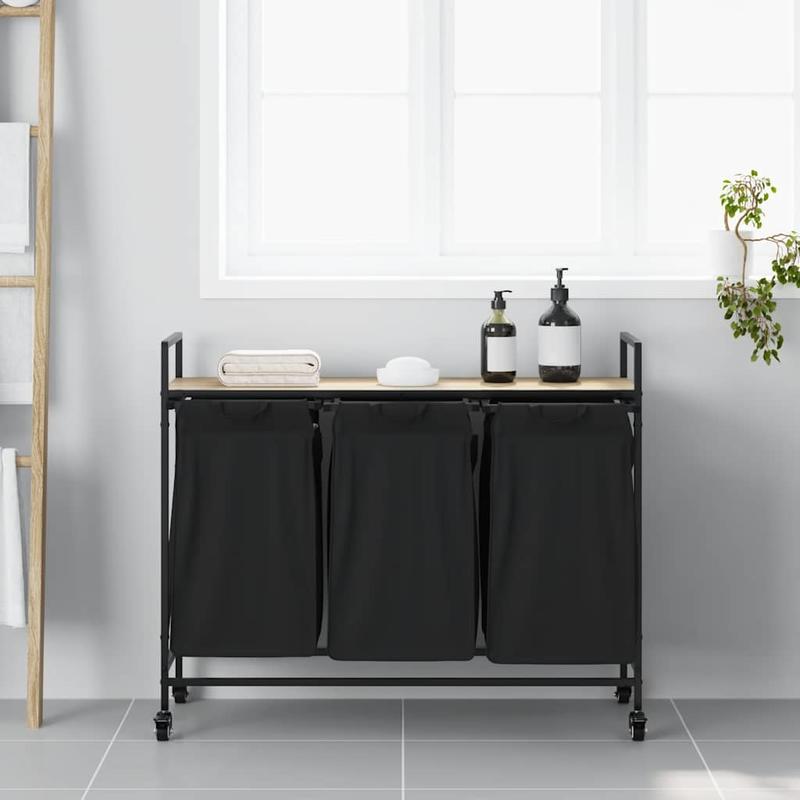 Wasmand – Wassorteerder – Wasbox – Waszak – Wasopberger – 3 Vakken – Met Wielen – Sonoma Eiken Design - Zwart