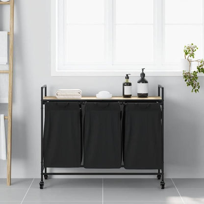 Wasmand – Wassorteerder – Wasbox – Waszak – Wasopberger – 3 Vakken – Met Wielen – Sonoma Eiken Design - Zwart