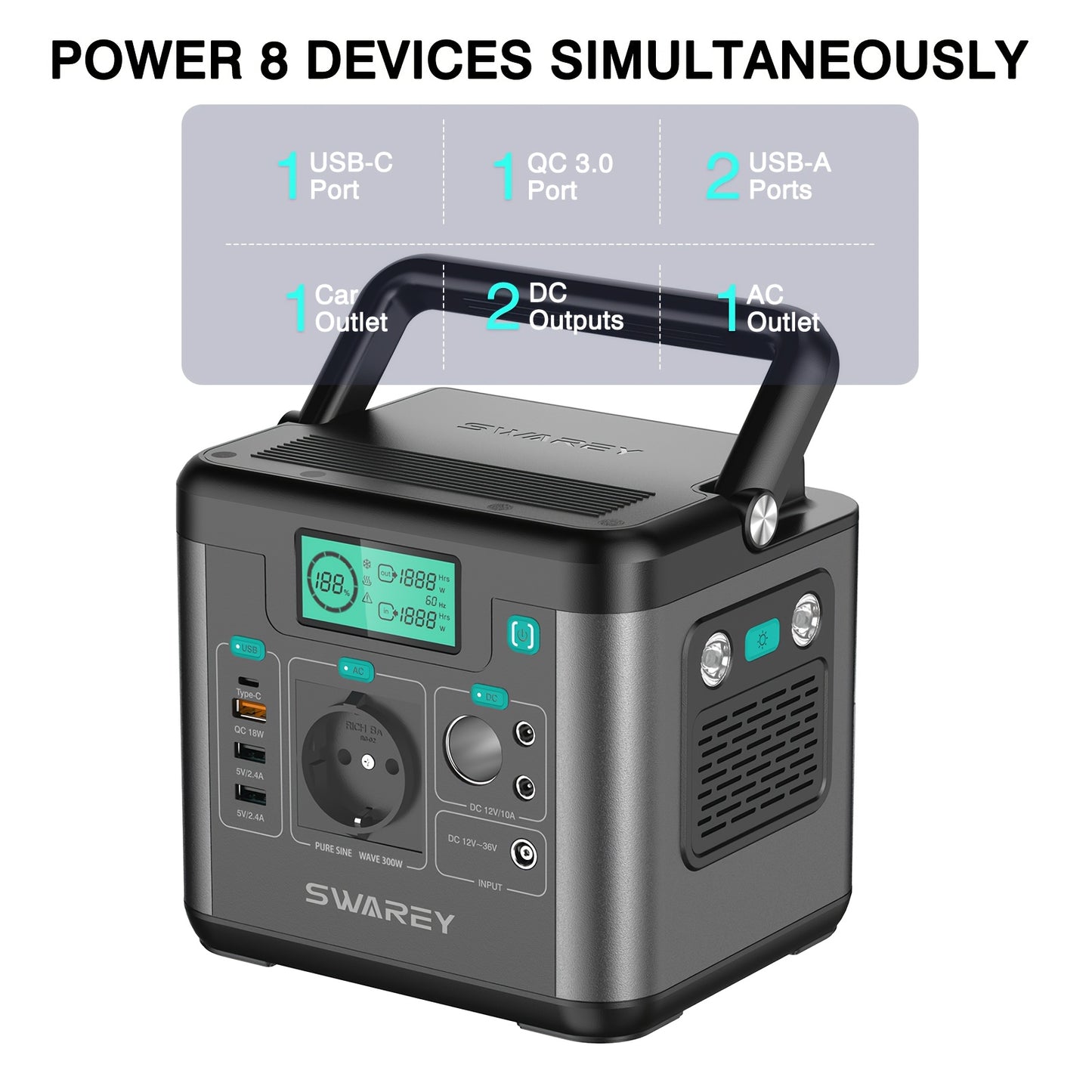 SWAREY Portable Power Station | 222 Wh Lithium Batteries, 300 W (Peak 600 W) AC Output, 65 W USB-C Port, Solar Power Bank for Outdoor, Camping, Travel, Fishing, Motorhome