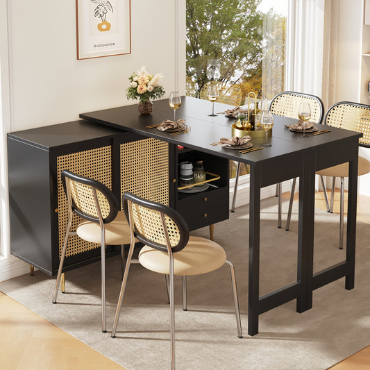 Elegant Black Extendable Bar Table with 360° Rotating Design, Rattan Door & Open Shelf Storage - Ideal for Kitchen & Dining Room, Contemporary Hardwood Construction, Kitchen Bar Table|Contemporary Bar Table|Glass Top Table,