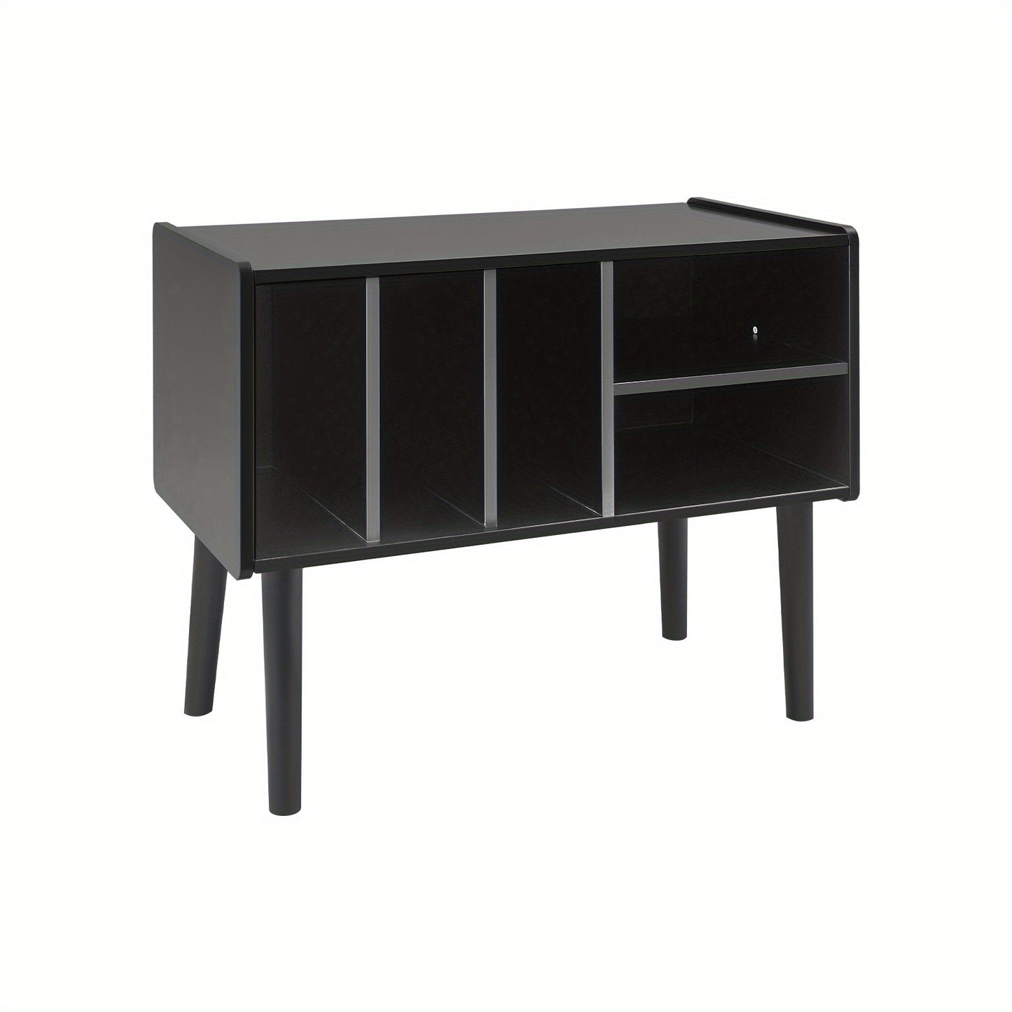 Modern Black Vinyl Record Player Stand with Storage Cabinet - Heavy-Duty MDF & Iron Construction, 80.01cm x 68.07cm x 39.88cm Turntable Stand with 4-Tier Shelves, Holds 220 Vinyl Records, Space-Saving Design for Living Room,