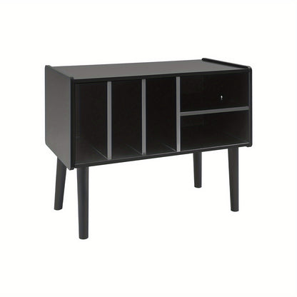 Modern Black Vinyl Record Player Stand with Storage Cabinet - Heavy-Duty MDF & Iron Construction, 80.01cm x 68.07cm x 39.88cm Turntable Stand with 4-Tier Shelves, Holds 220 Vinyl Records, Space-Saving Design for Living Room,