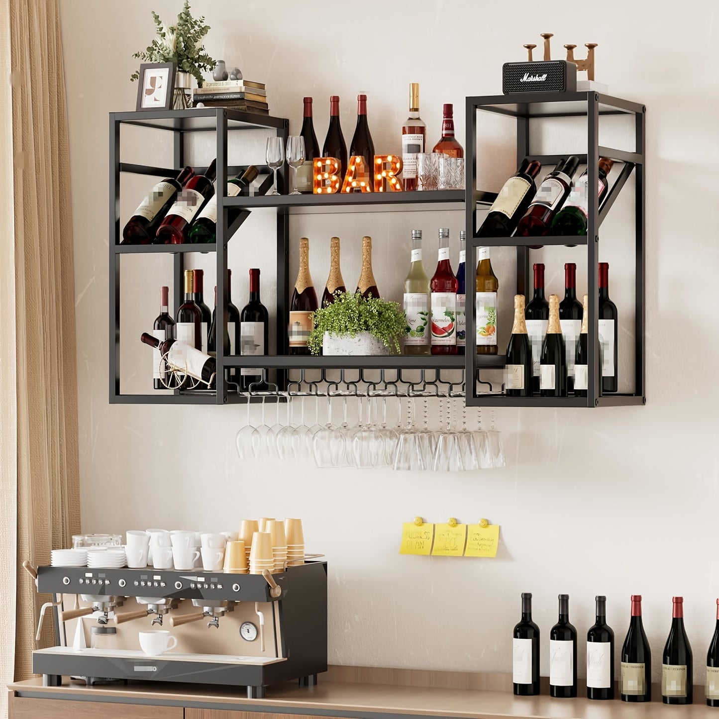 Wijnrek Wandplank – Wijnrek Muur – Glazenhouder Plank – Flessenrek Wand – 3-laags Wandrek – Ruimtebesparend Design – Sterk Metaal Met Hout